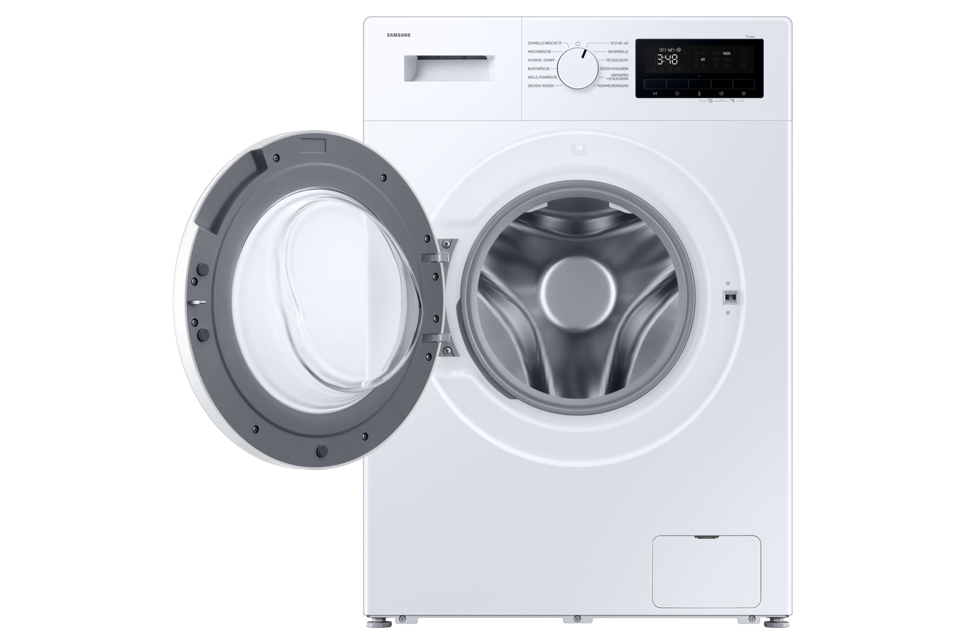 Una lavadora Samsung blanca con la puerta abierta. El panel de control muestra varias opciones de ciclo de lavado y una pantalla digital.