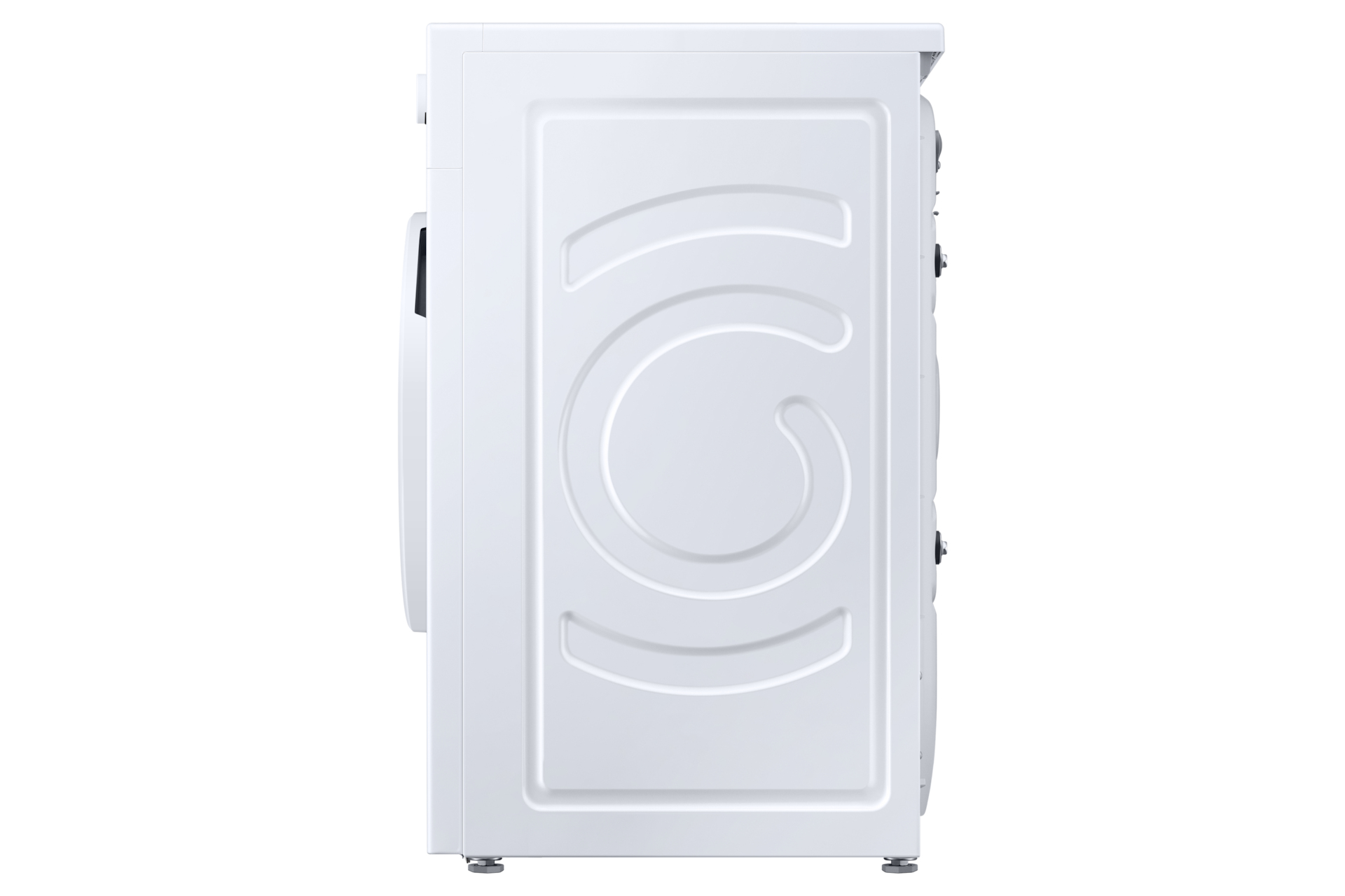 Vista lateral de una lavadora blanca. Tiene un diseño curvo en el panel trasero. La máquina se apoya en pequeños pies grises.