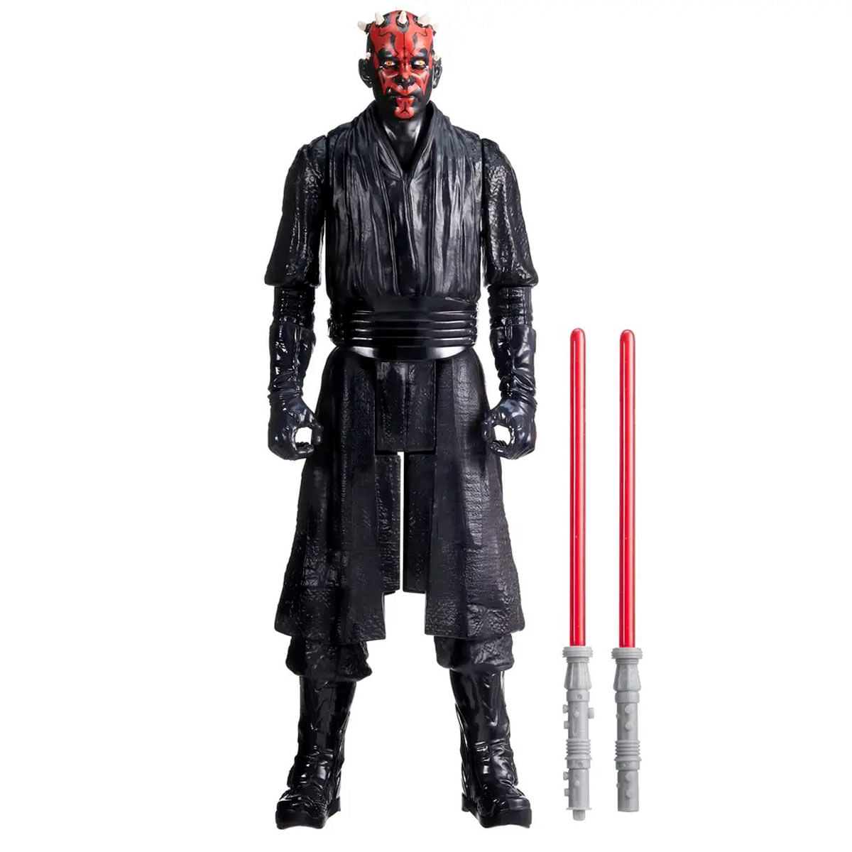 Figura de acción de Darth Maul, atuendo negro, pintura facial roja y dos sables de luz rojos. Fondo blanco.