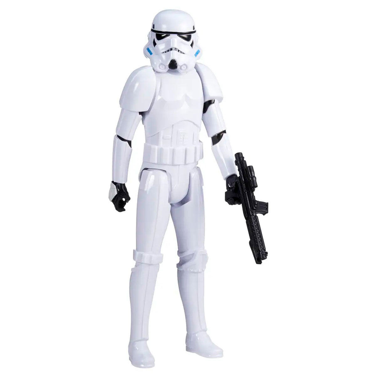 Una figura de acción blanca de Stormtrooper de Star Wars, sosteniendo un bláster negro. La figura tiene detalles negros y está sobre un fondo blanco.