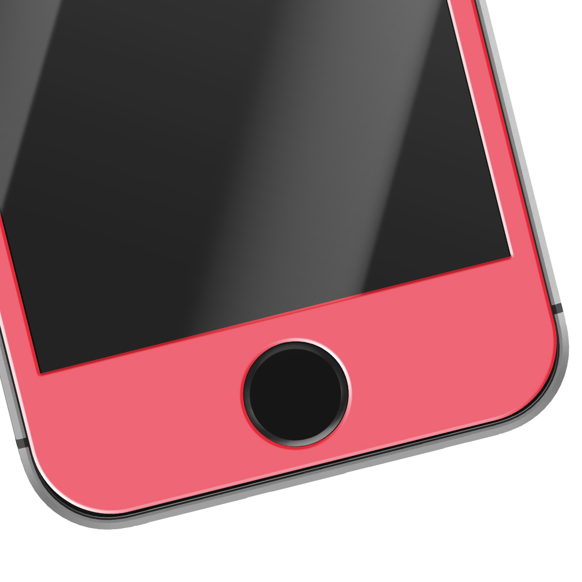 Gros plan sur un smartphone rose. L'écran est noir et il y a un cercle noir en bas.