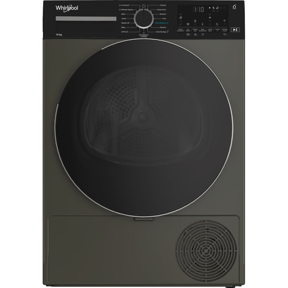 Un'asciugatrice Whirlpool grigio scuro. Ha una grande porta nera, un pannello di controllo e una sezione inferiore con ventola circolare.