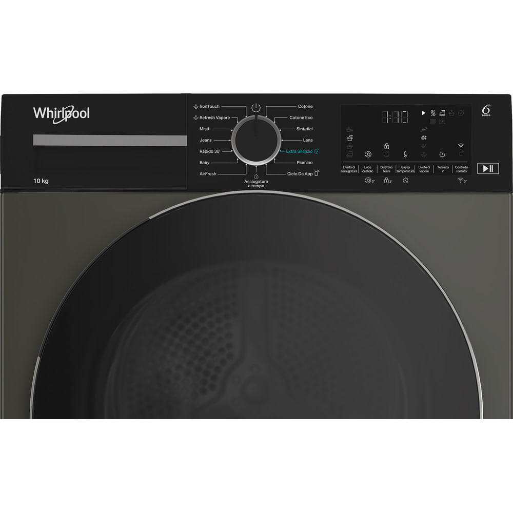 Primo piano di un'asciugatrice Whirlpool con pannello di controllo, nera con dettagli argentati. Visualizza le opzioni e un timer digitale.