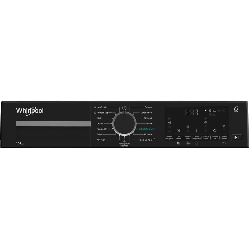 Pannello di controllo nero dell'asciugatrice Whirlpool. Include manopola di selezione programmi, display digitale e pulsanti.