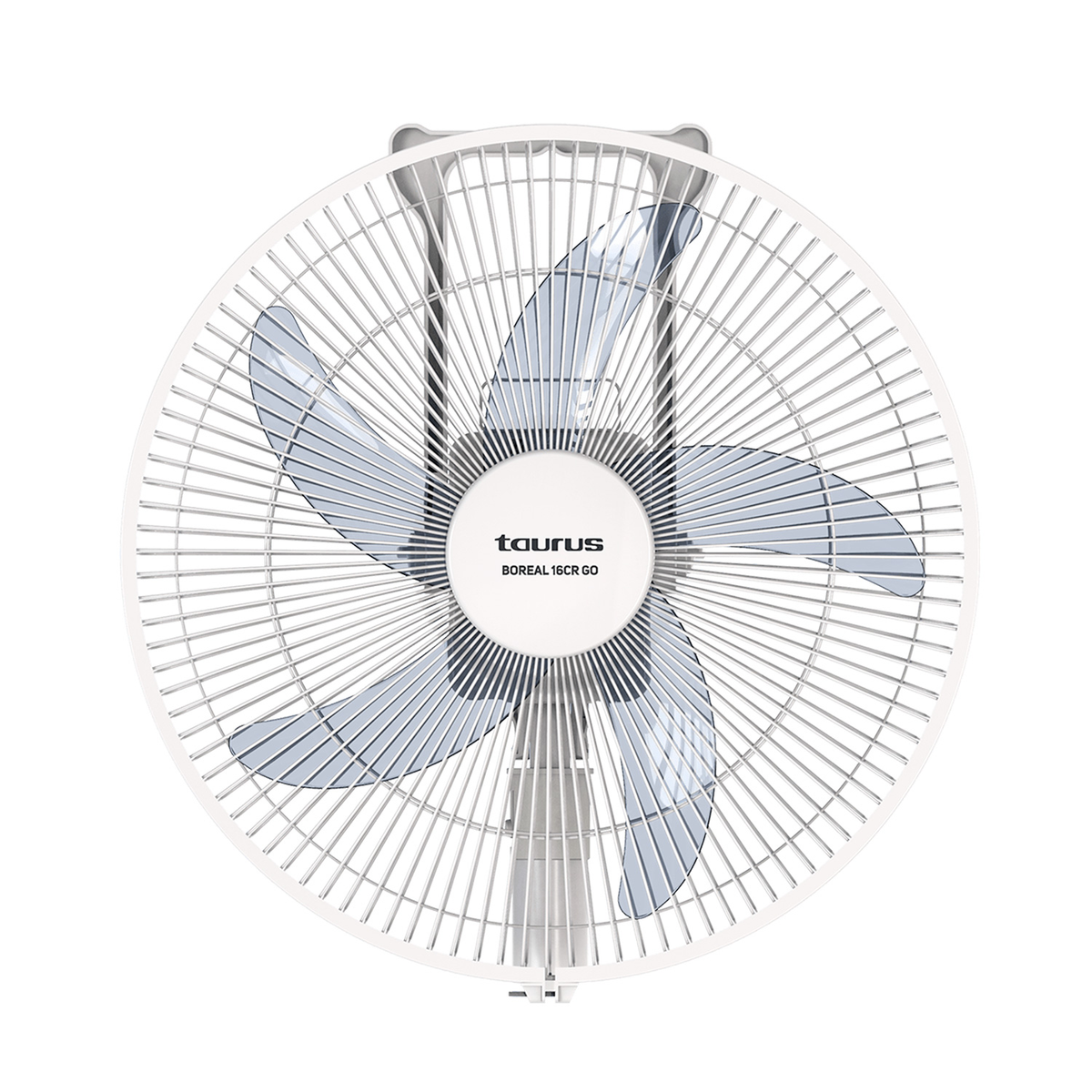 Biały wentylator Taurus z czterema niebieskimi łopatkami. Posiada osłonę ochronną i okrągły środek z nazwą marki i modelem.