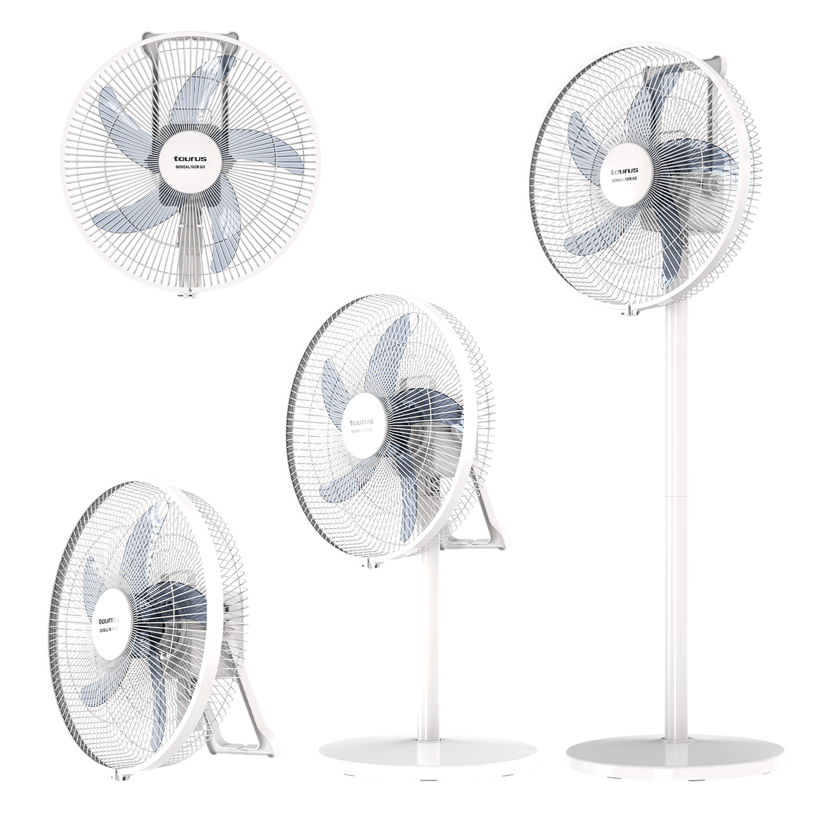 Pokazano cztery białe wentylatory Taurus z niebieskimi łopatkami. Jeden jest montowany na ścianie, jeden stoi, a dwa są na stojakach. Czarne tło.