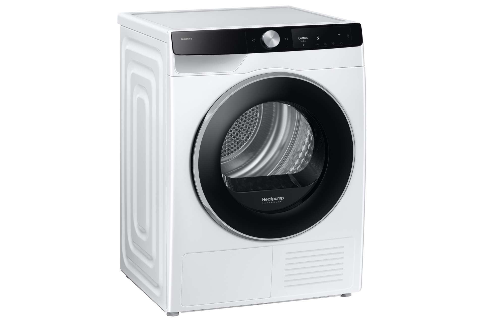 Un'asciugatrice Samsung bianca. Ha una porta nera e un pannello di controllo con display digitale. La porta presenta 'Heatpump Technology'.