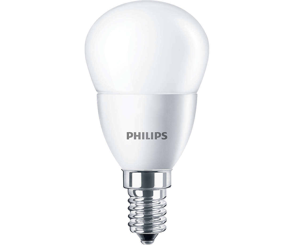 Una lampadina LED Philips bianca, orientata verticalmente, con la parte superiore arrotondata e una base argentata. Il logo Philips è visibile.