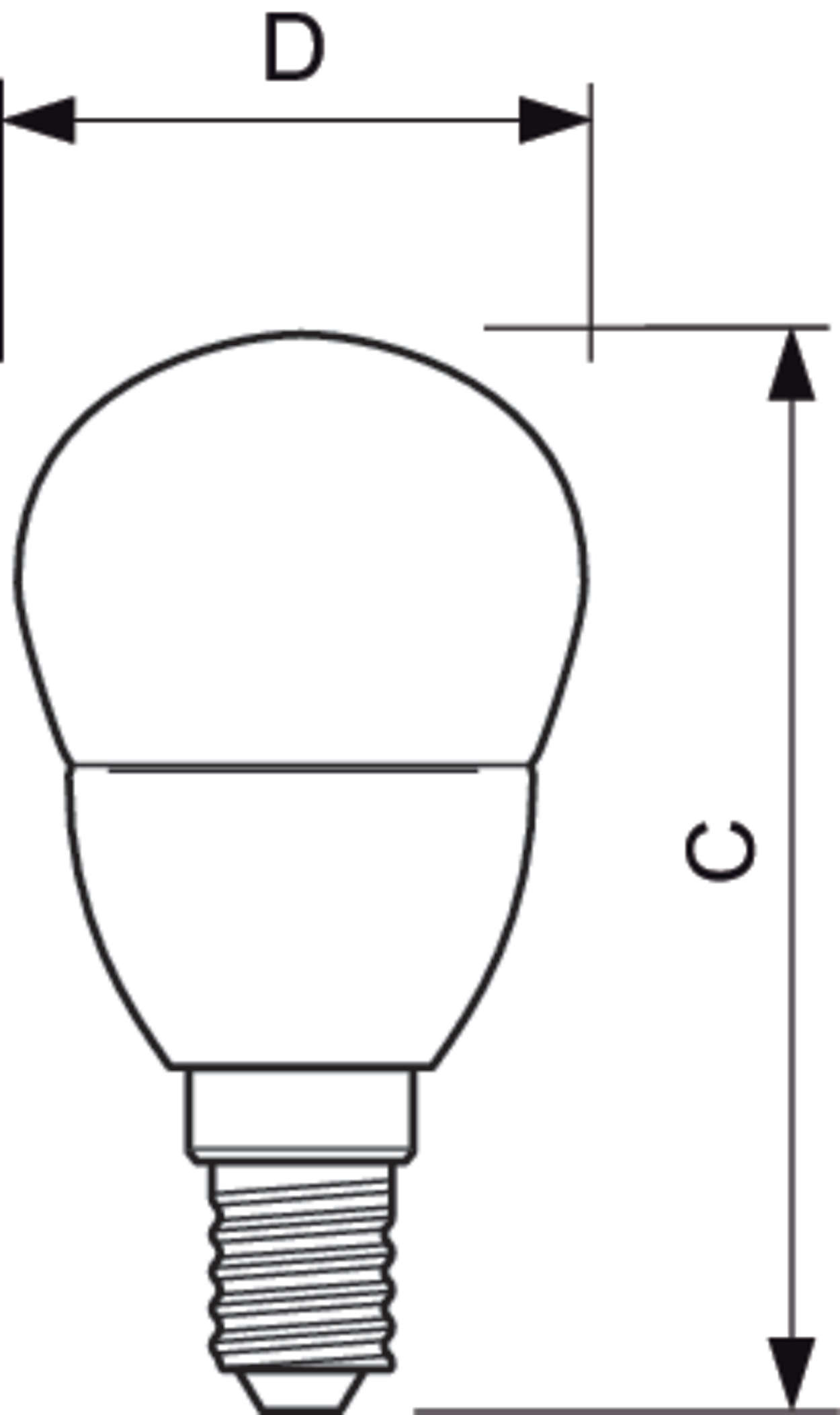 Disegno al tratto in bianco e nero di una lampadina LED. Le frecce indicano le dimensioni etichettate D e C.