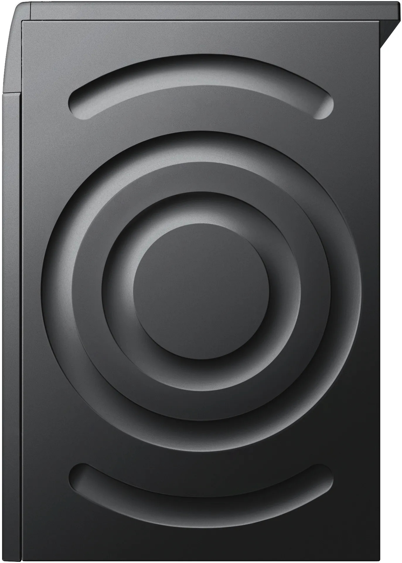 Un pannello grigio scuro con cerchi concentrici e scanalature curve. Il pannello ha una forma rettangolare con parte superiore e inferiore arrotondate.