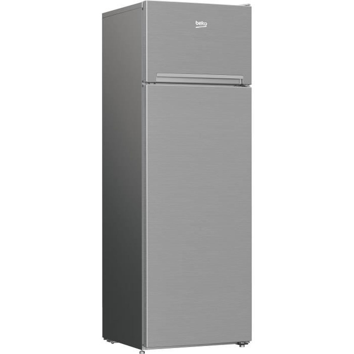 Ein silberner Beko-Kühlschrank. Er hat zwei Türen, ein Gefrierfach oben und einen Kühlschrank unten. Das Logo ist oben sichtbar.