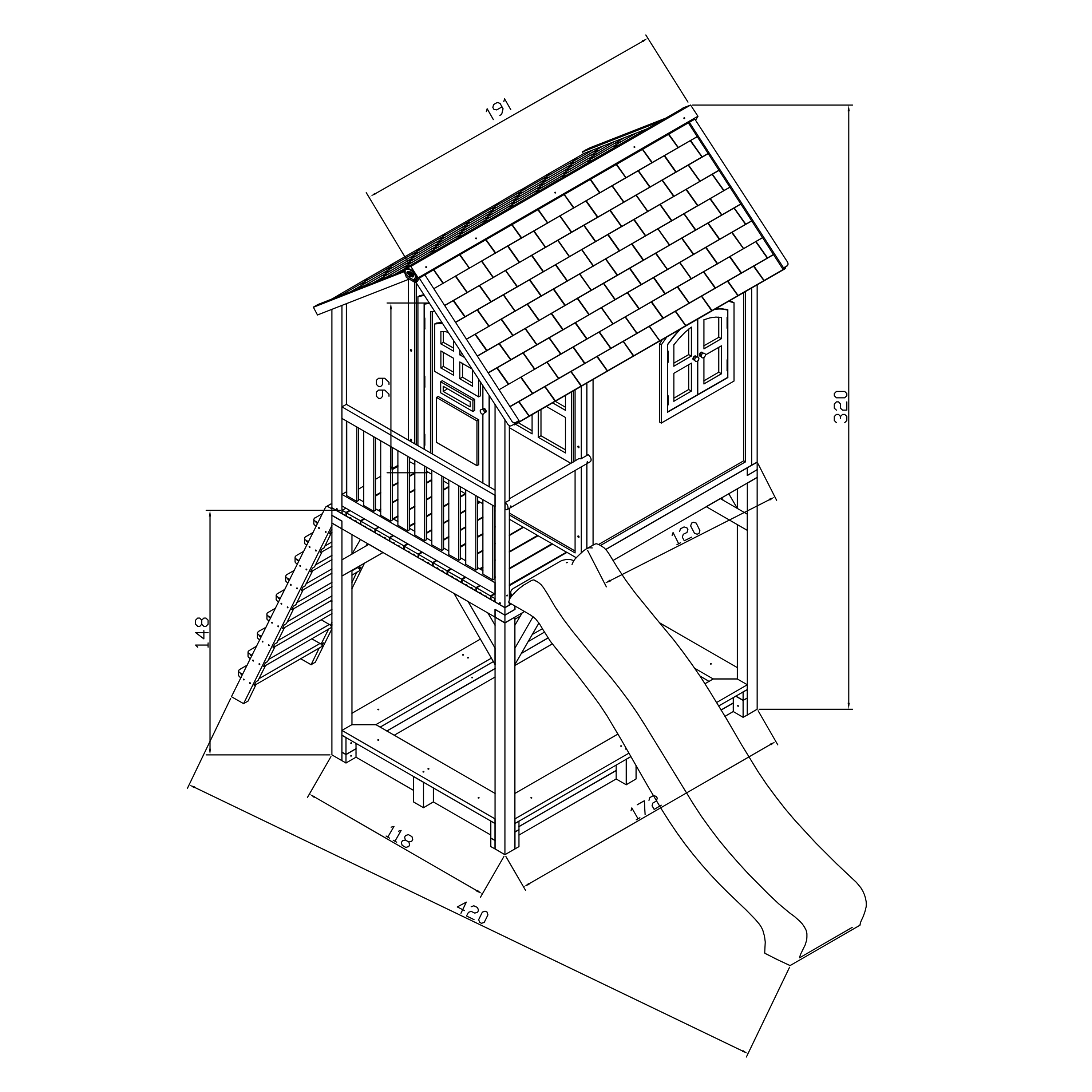 Eine Strichzeichnung zeigt ein Holzspielhaus mit Rutsche, Treppe und in Millimetern angegebenen Abmessungen.