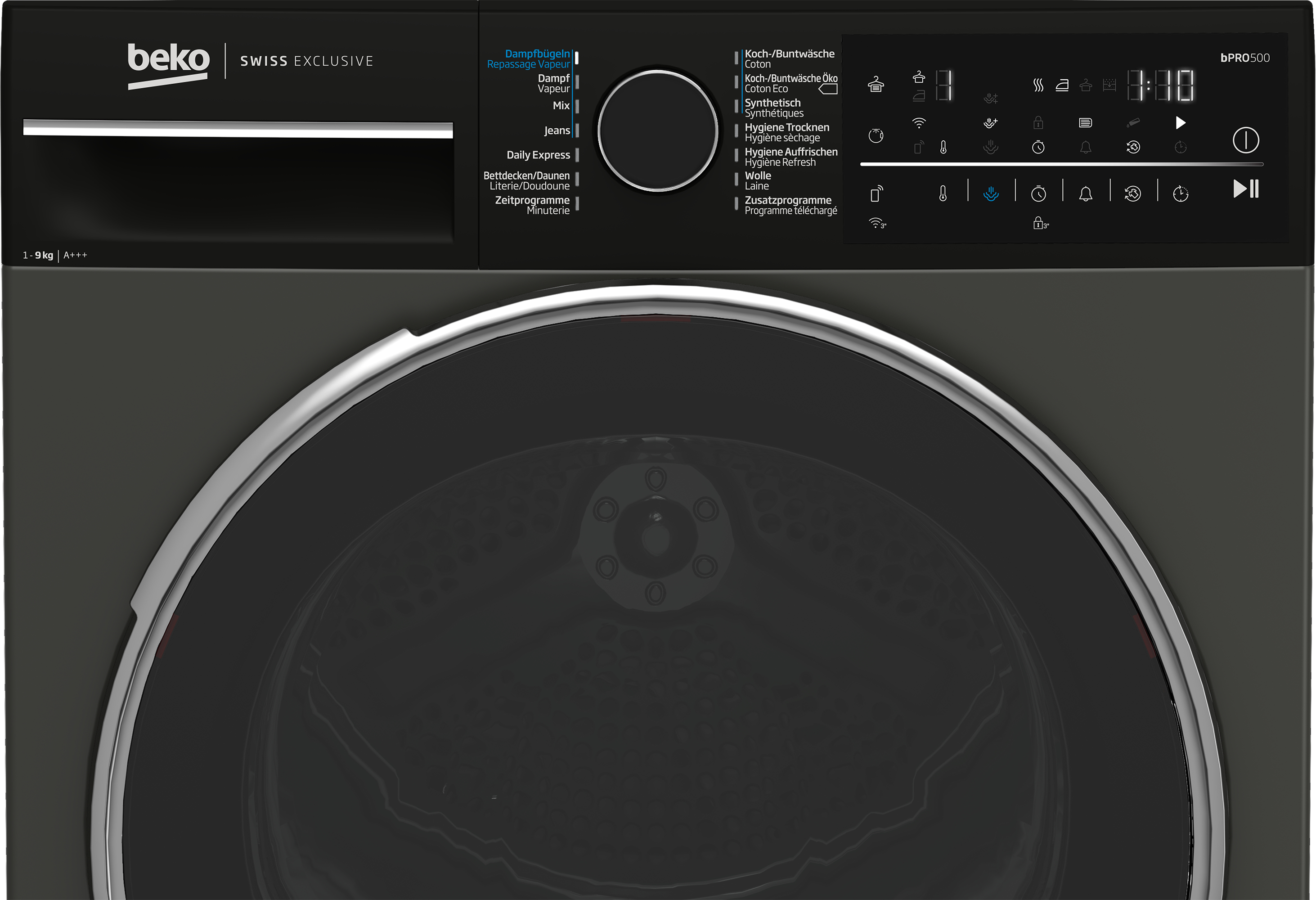 Une machine à laver gris foncé avec une porte noire, des commandes à droite et le logo Beko en haut.