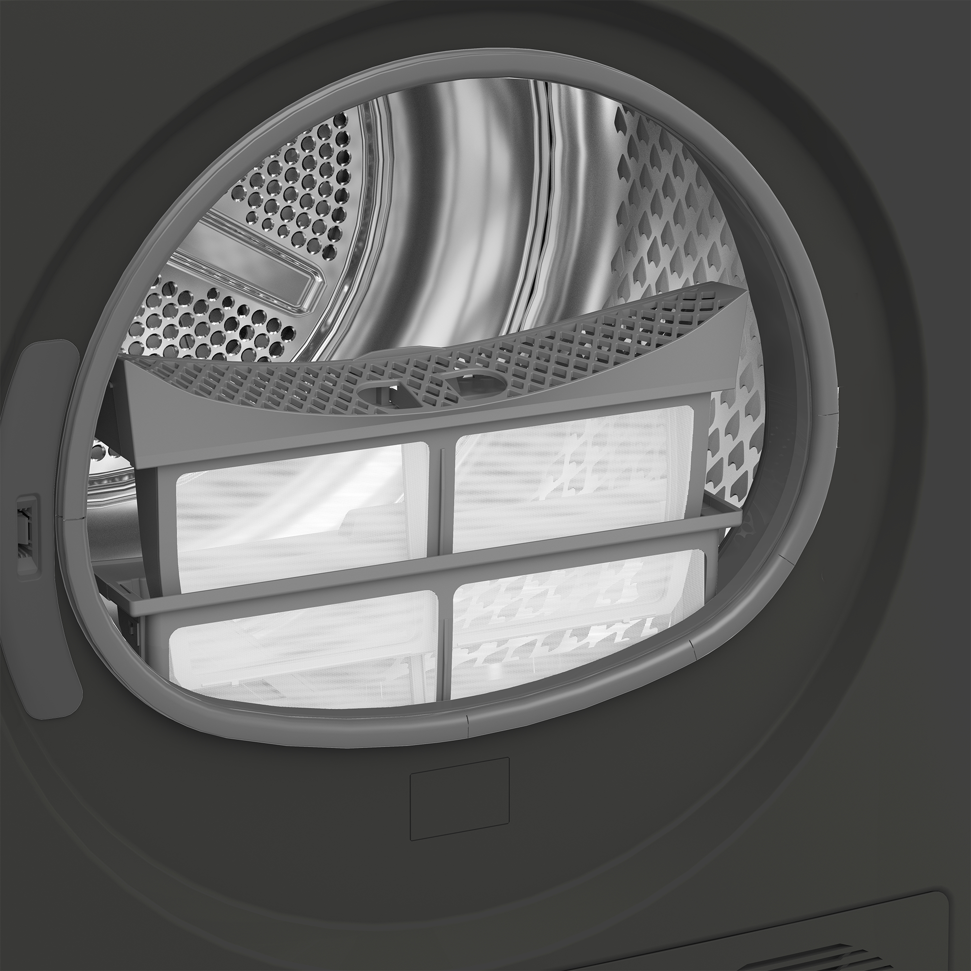 Intérieur d'un tambour de sécheuse, avec filtre à charpie visible. Le tambour est argenté, la porte est gris foncé et ouverte, révélant le filtre.