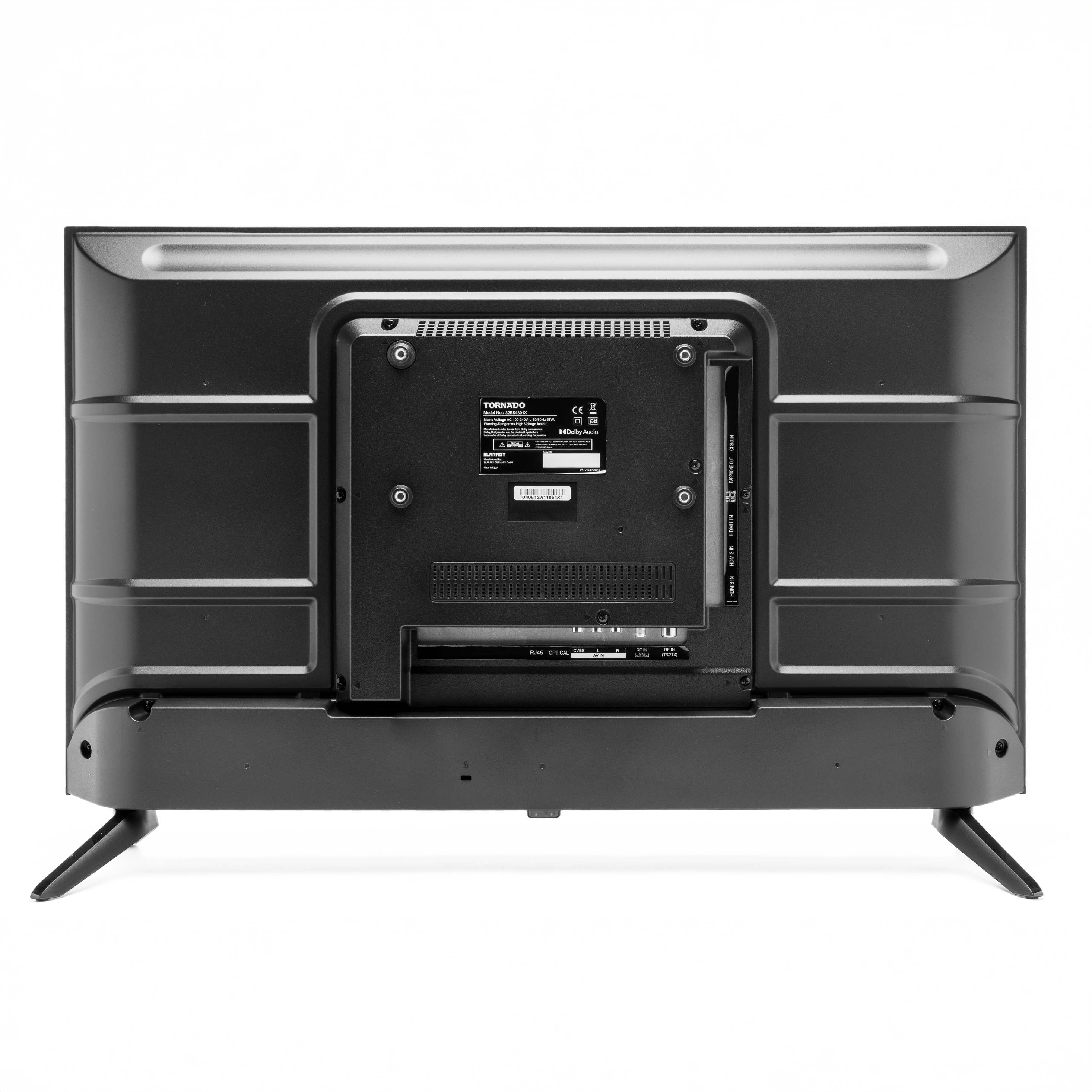 Tył czarnego telewizora Tornado. Widoczne porty i etykiety. Dwie czarne nogi podtrzymują telewizor.