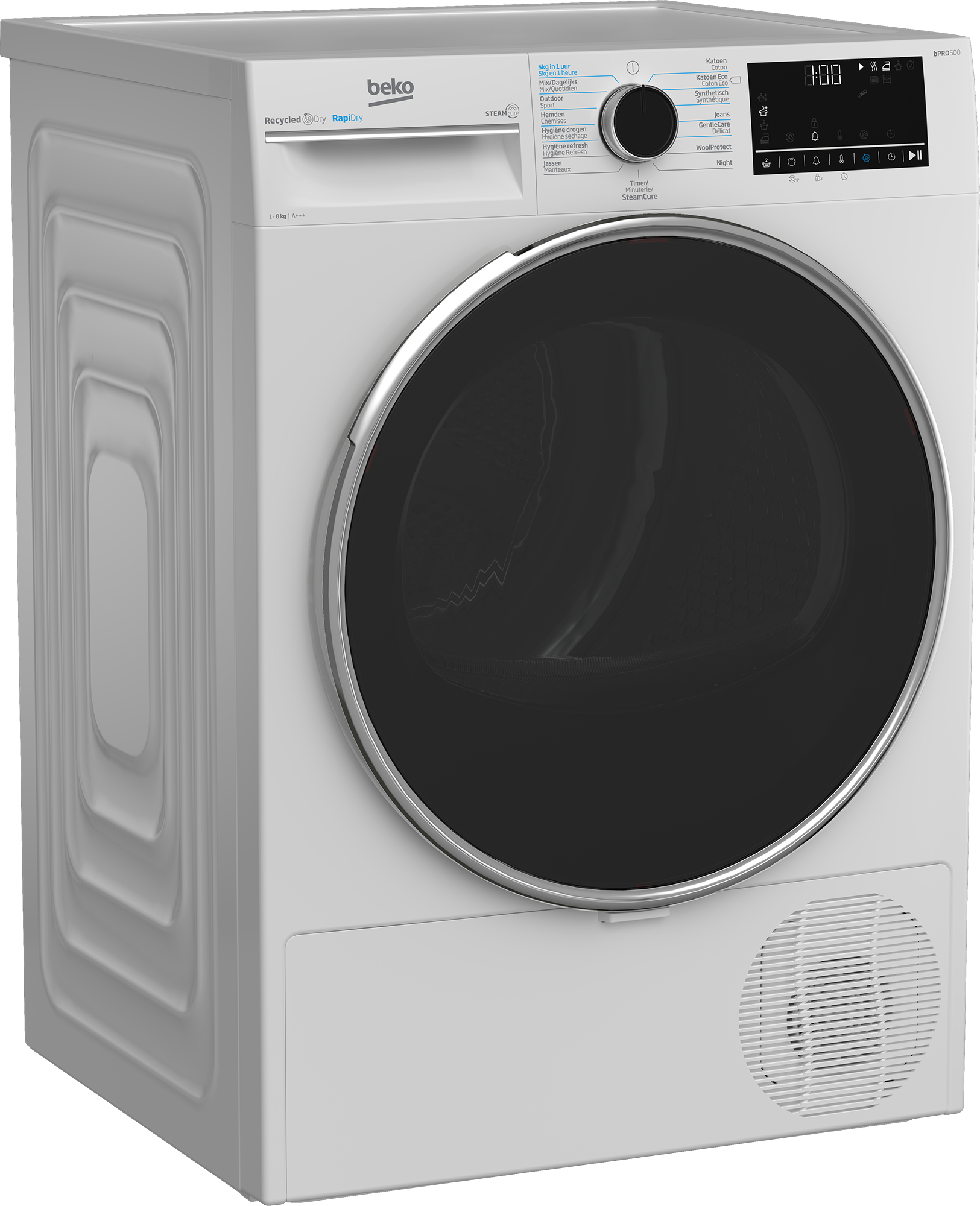 Un'asciugatrice Beko bianca con porta nera. Ha un pannello di controllo e un display digitale. L'asciugatrice è su sfondo bianco.
