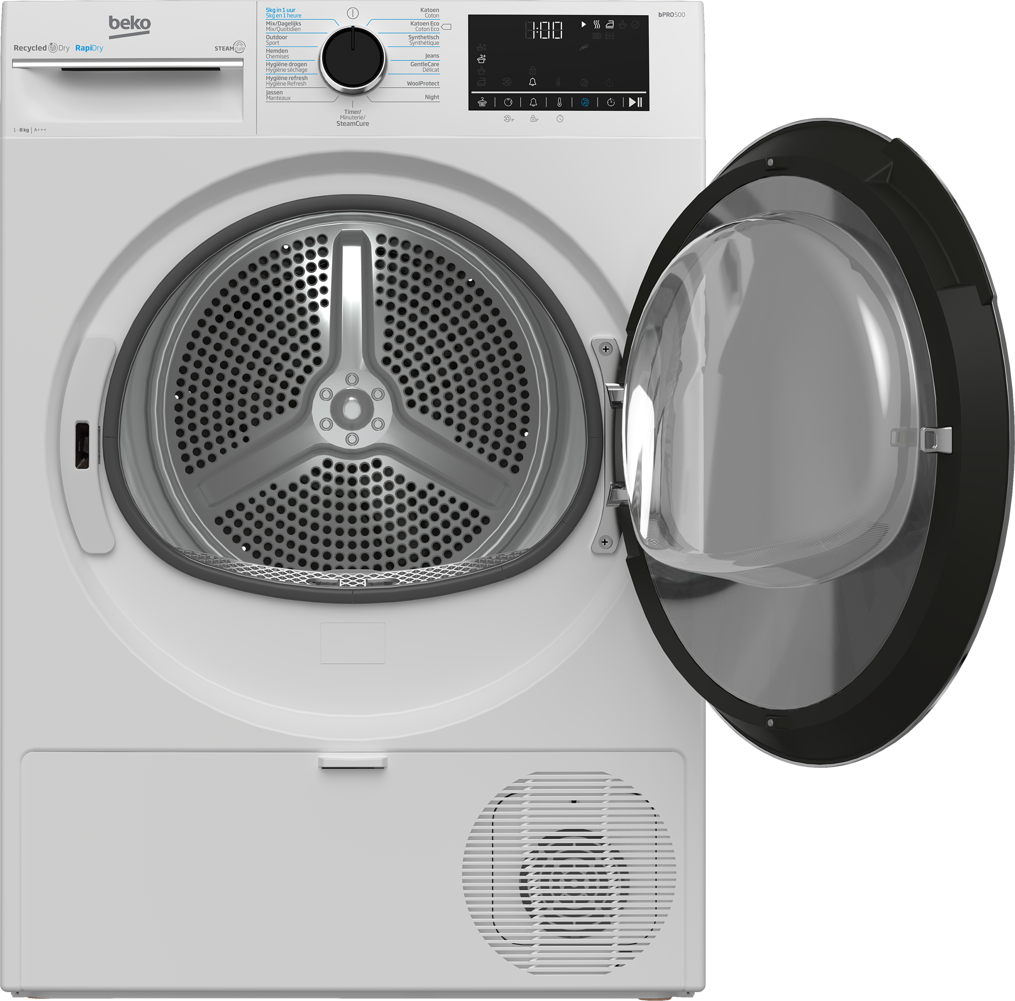 Un'asciugatrice Beko bianca con la porta aperta che mostra il cestello. Pannello comandi, selettore programmi e display digitale visibili.