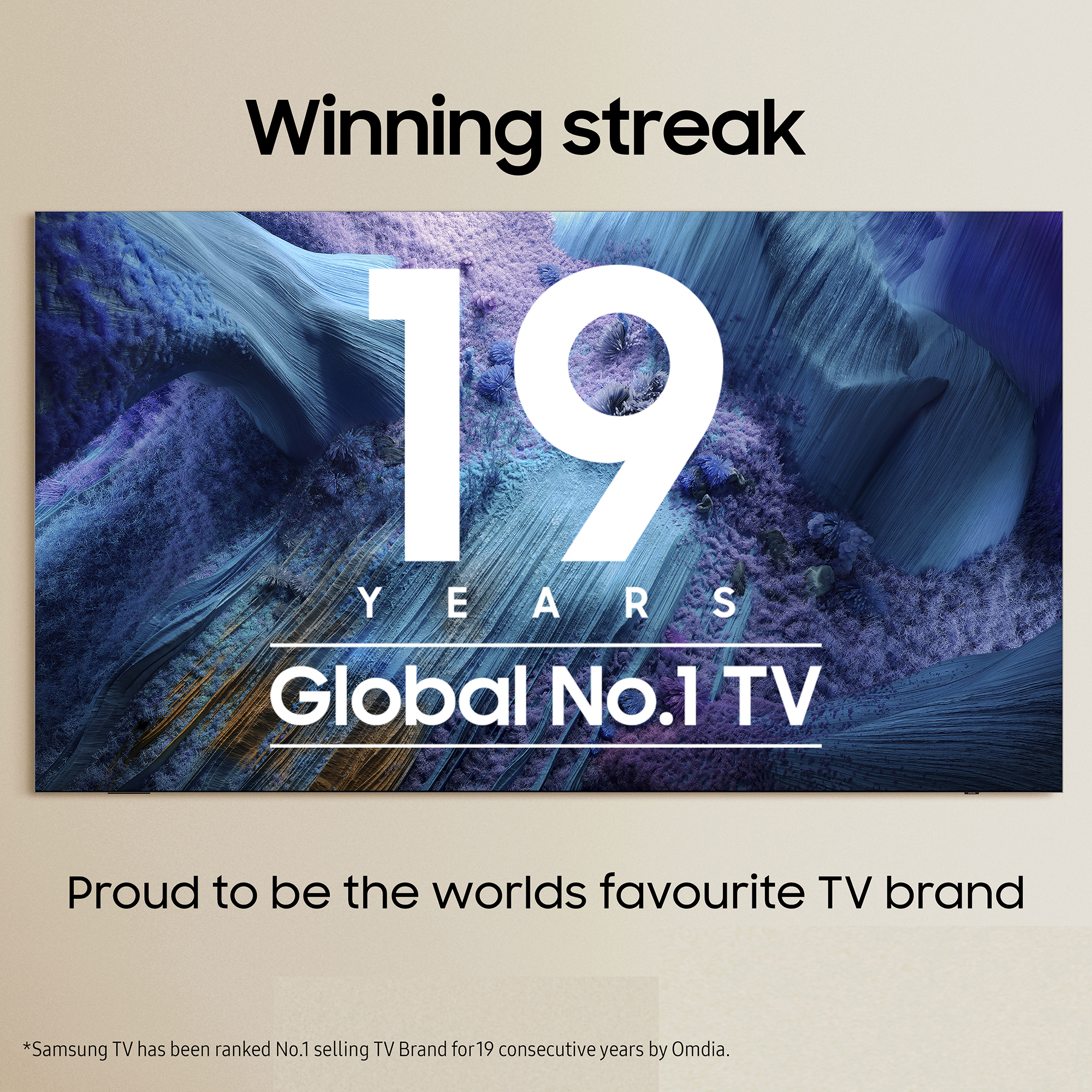 Reklama telewizora Samsung. Pokazuje '19 lat' i 'Global No.1 TV' na niebieskim tle.