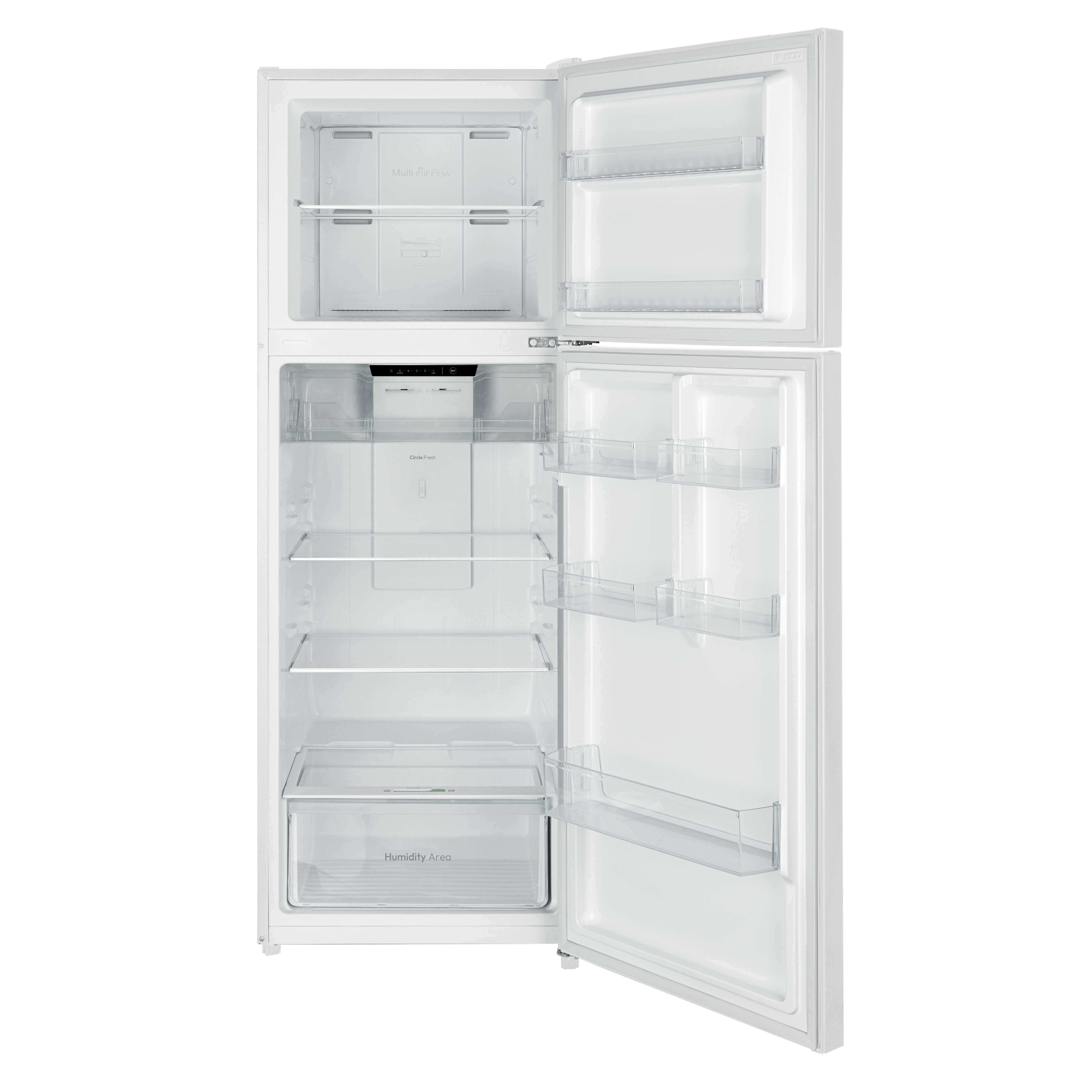 Biała lodówka z otwartymi drzwiami, pokazująca półki i przegródki. Etykiety to 'Multi Air Flow' i 'Humidity Area'.