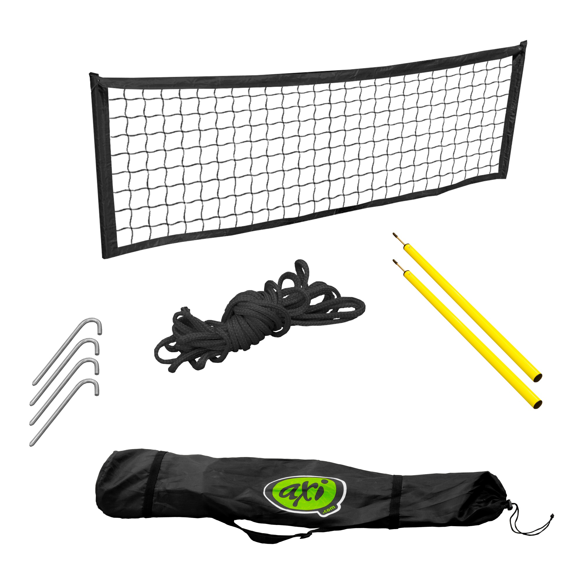 Ein Volleyballnetz, Pfähle, gelbe Stangen, ein Seil und eine schwarze Tragetasche auf weißem Hintergrund.