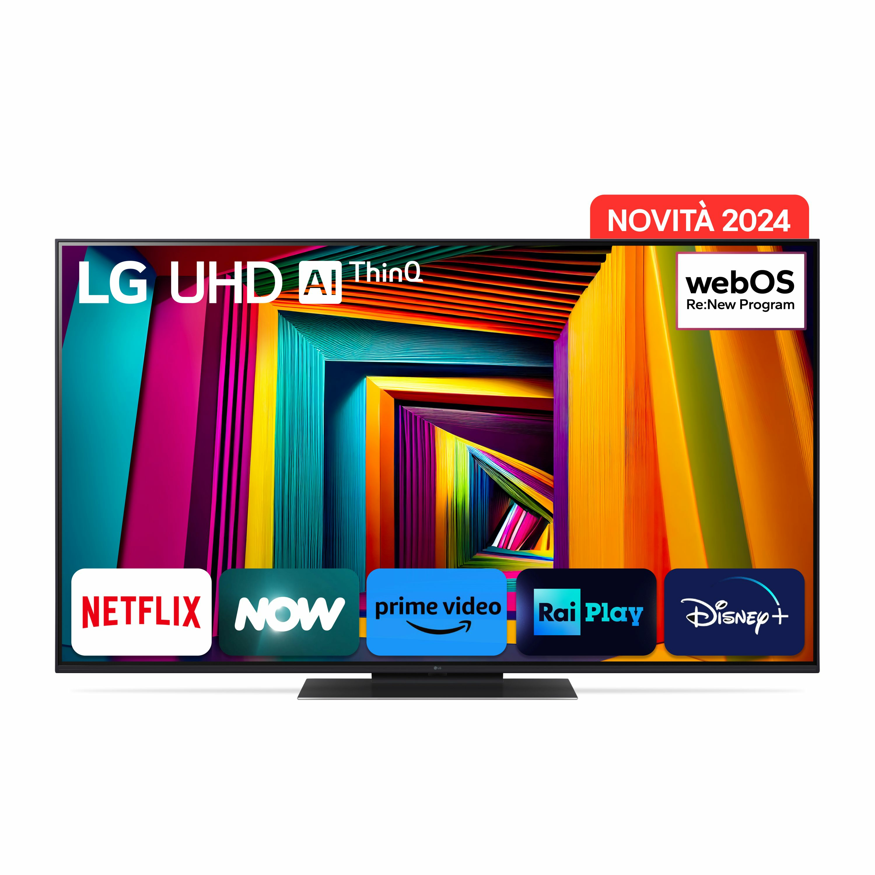 LG UHD AI ThinQ Fernseher. Bunter, abstrakter Hintergrund. Netflix, Now, Prime Video, Rai Play und Disney+ Logos sind sichtbar.