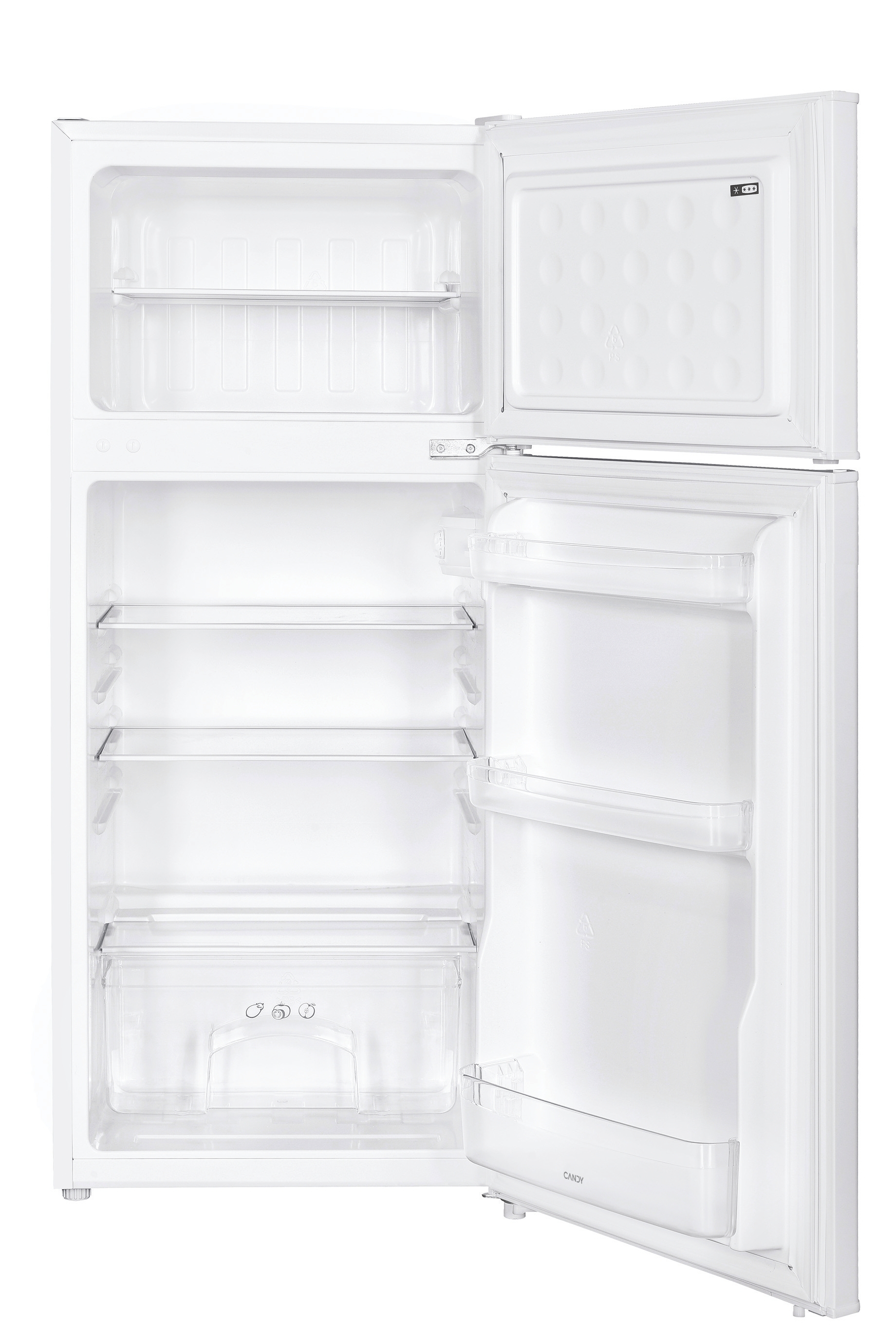 Frigorifero bianco con porte aperte. Ripiani e vani a vista. Interno vuoto. Isolato su sfondo bianco.