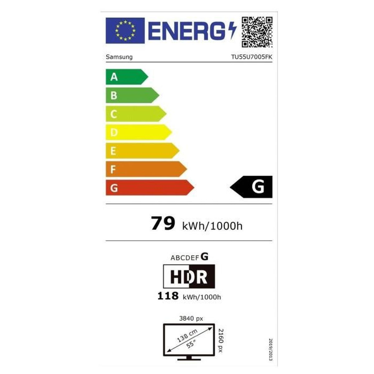 Etiqueta energética para un televisor Samsung. Muestra las clases de eficiencia energética de A a G, con calificación G. Muestra consumo y dimensiones.