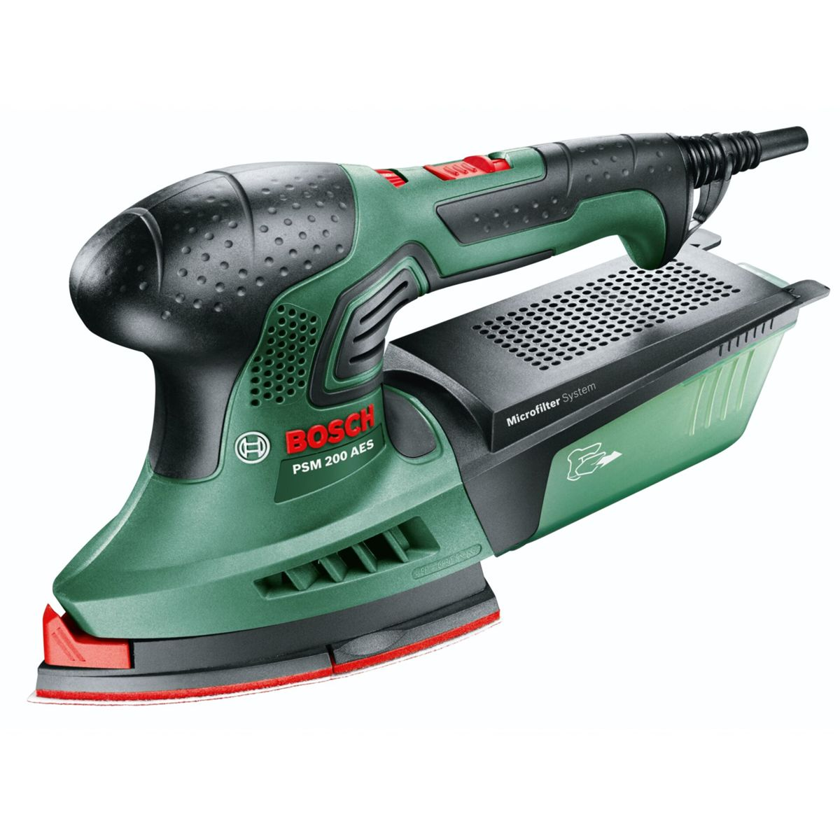 Grüner und schwarzer Bosch PSM 200 AES Schleifer. Zu den Merkmalen gehören ein Staubsammler, rote Akzente und ein ergonomischer Griff.