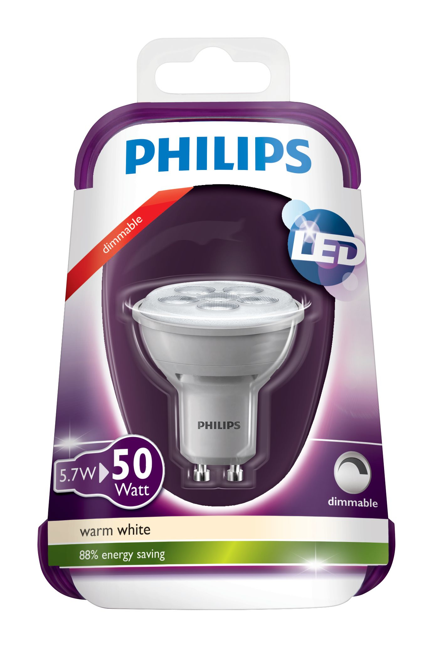 Paquete de bombilla LED Philips. Embalaje morado y blanco. Bombilla visible. El texto incluye 'Philips', 'LED' y 'regulable'.