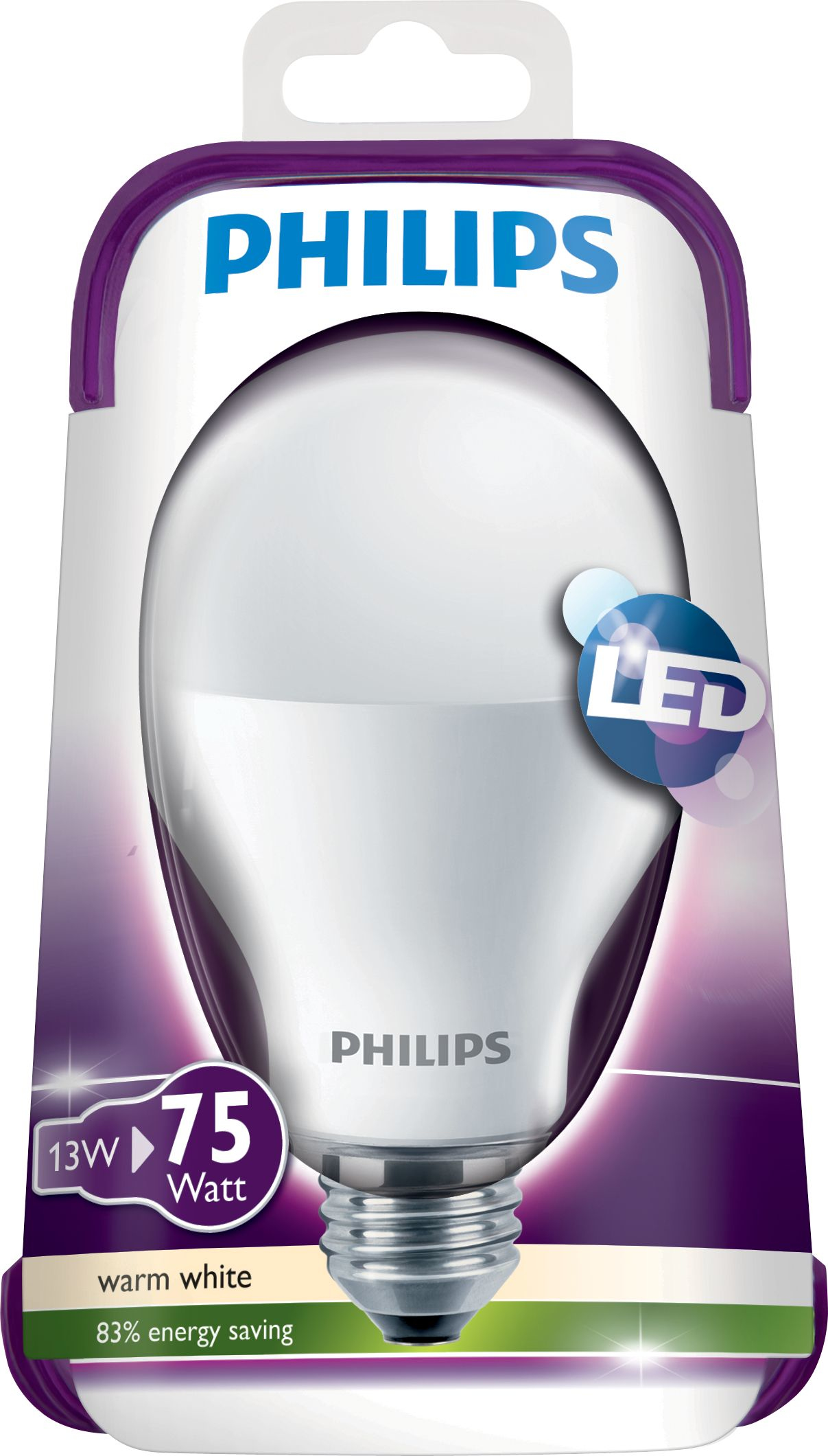 Bombilla LED Philips en embalaje. Bombilla blanca con base plateada. El texto dice 'Philips LED', 'blanco cálido' y '75 vatios'.