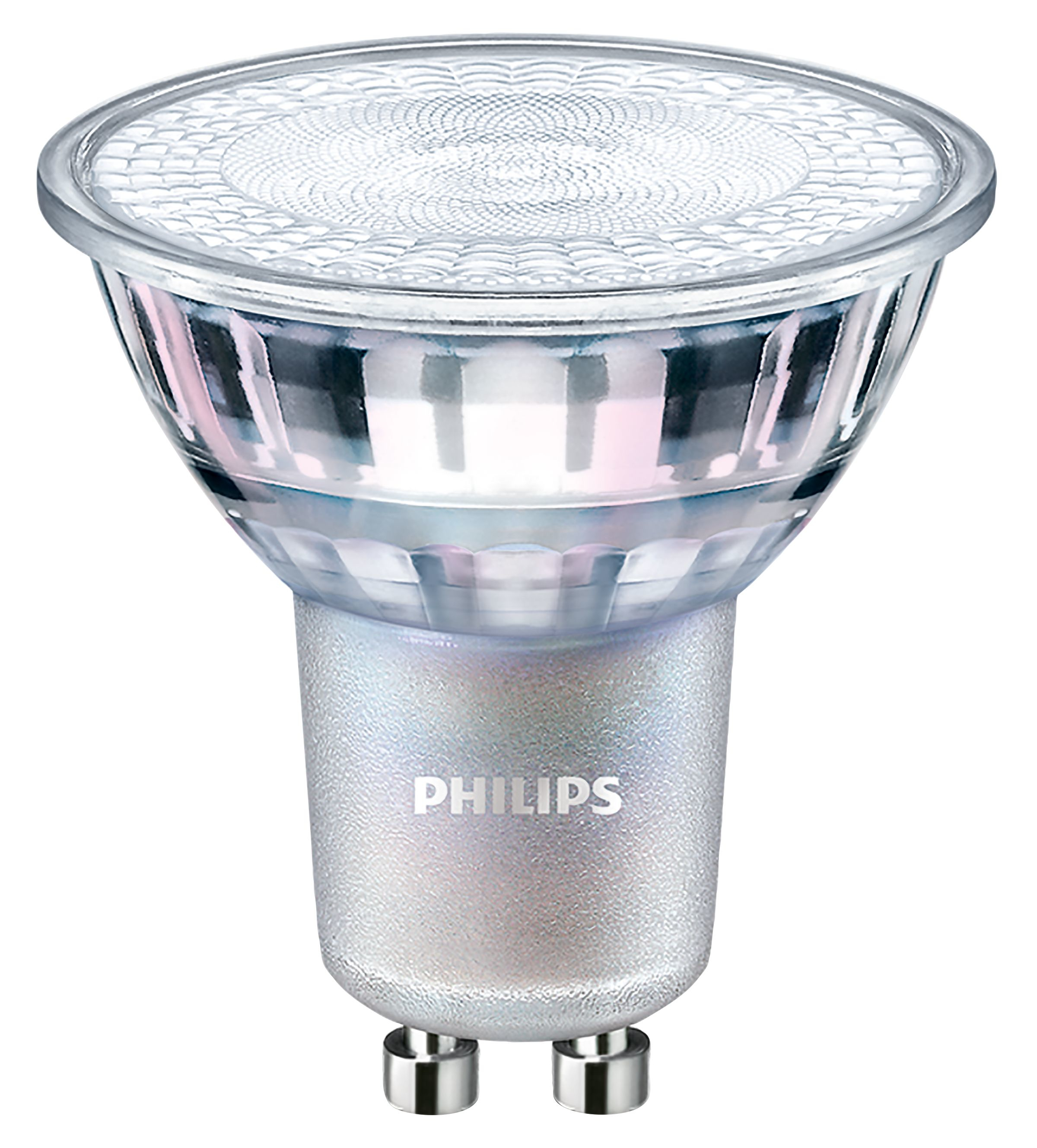 Żarówka LED Philips. Ma przezroczystą, wzorzystą soczewkę i srebrną podstawę z logo Philips.