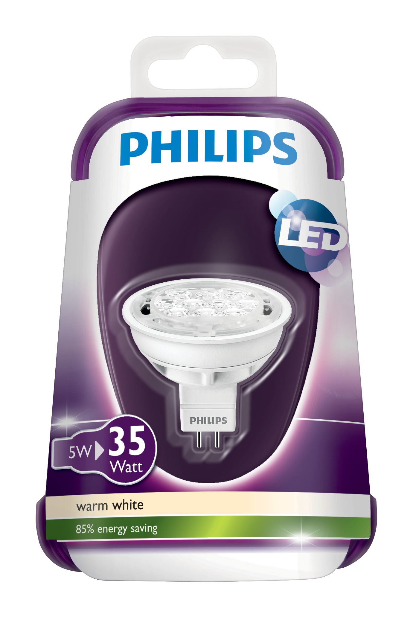 Paquete de bombilla LED Philips. El embalaje es morado y blanco. La bombilla es blanco cálido y ahorra un 85% de energía. El logotipo de Philips es visible.