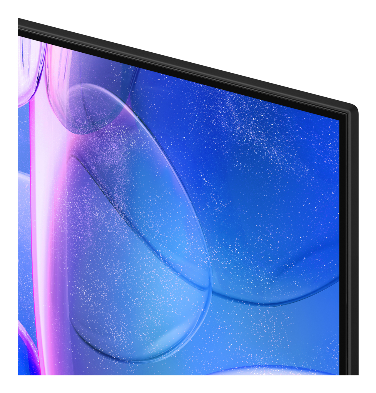 Primo piano di un monitor. Lo schermo mostra un design astratto blu e viola. Il monitor ha una cornice nera e uno sfondo bianco.