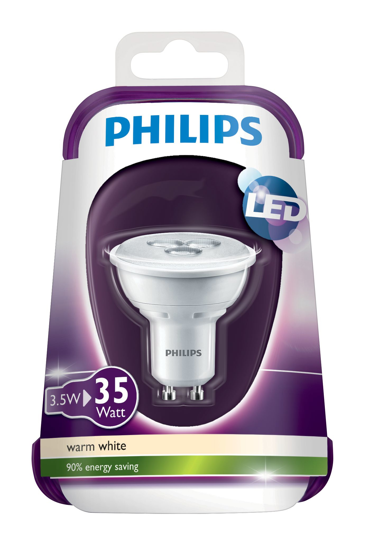 Un paquete de bombilla LED Philips. Presenta una bombilla blanca, embalaje morado y blanco, e información sobre ahorro energético.