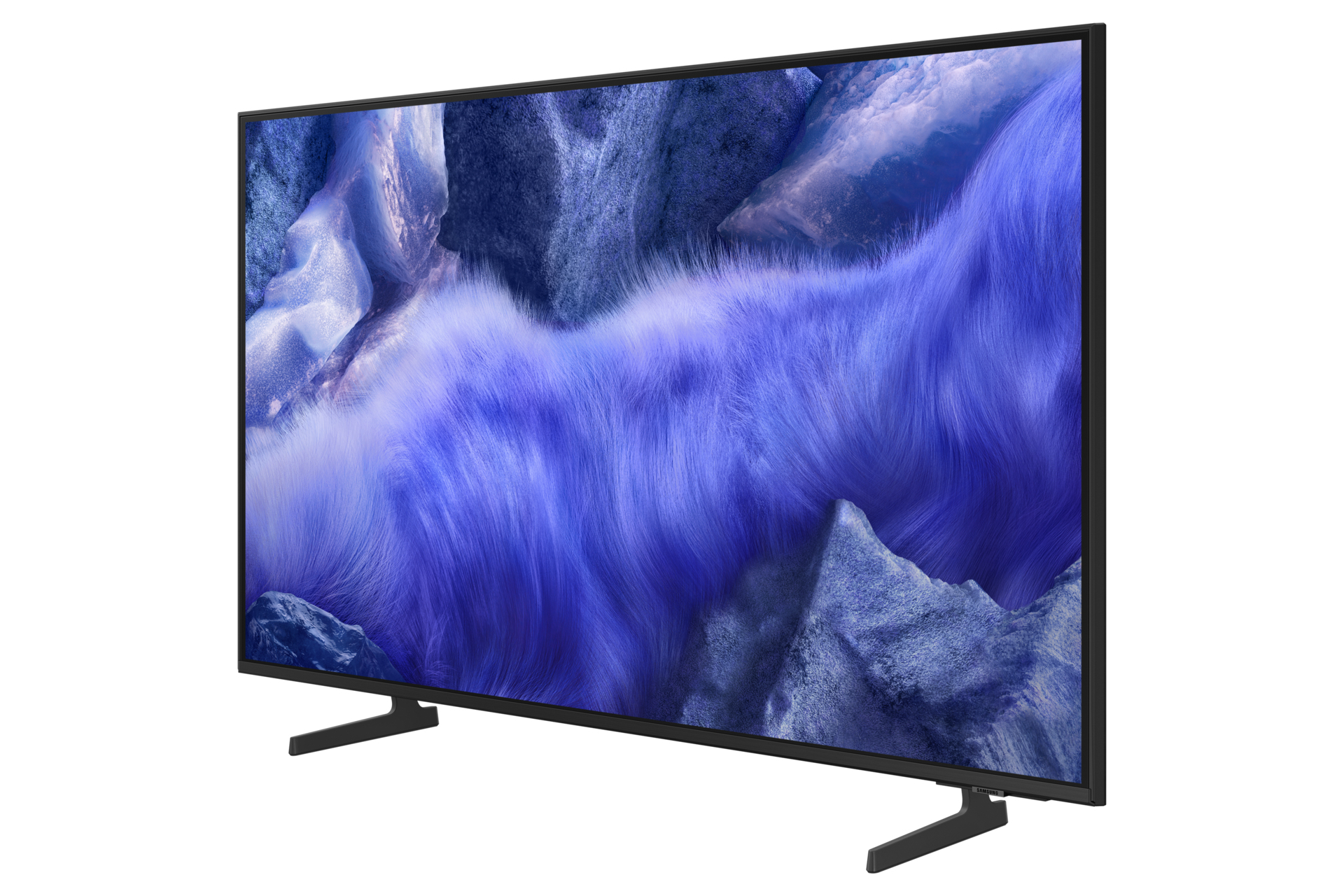 Ein großer, schwarz gerahmter Fernseher zeigt eine lebendige abstrakte Landschaft in Blau und Weiß. Er steht auf zwei schwarzen Beinen vor weißem Hintergrund.