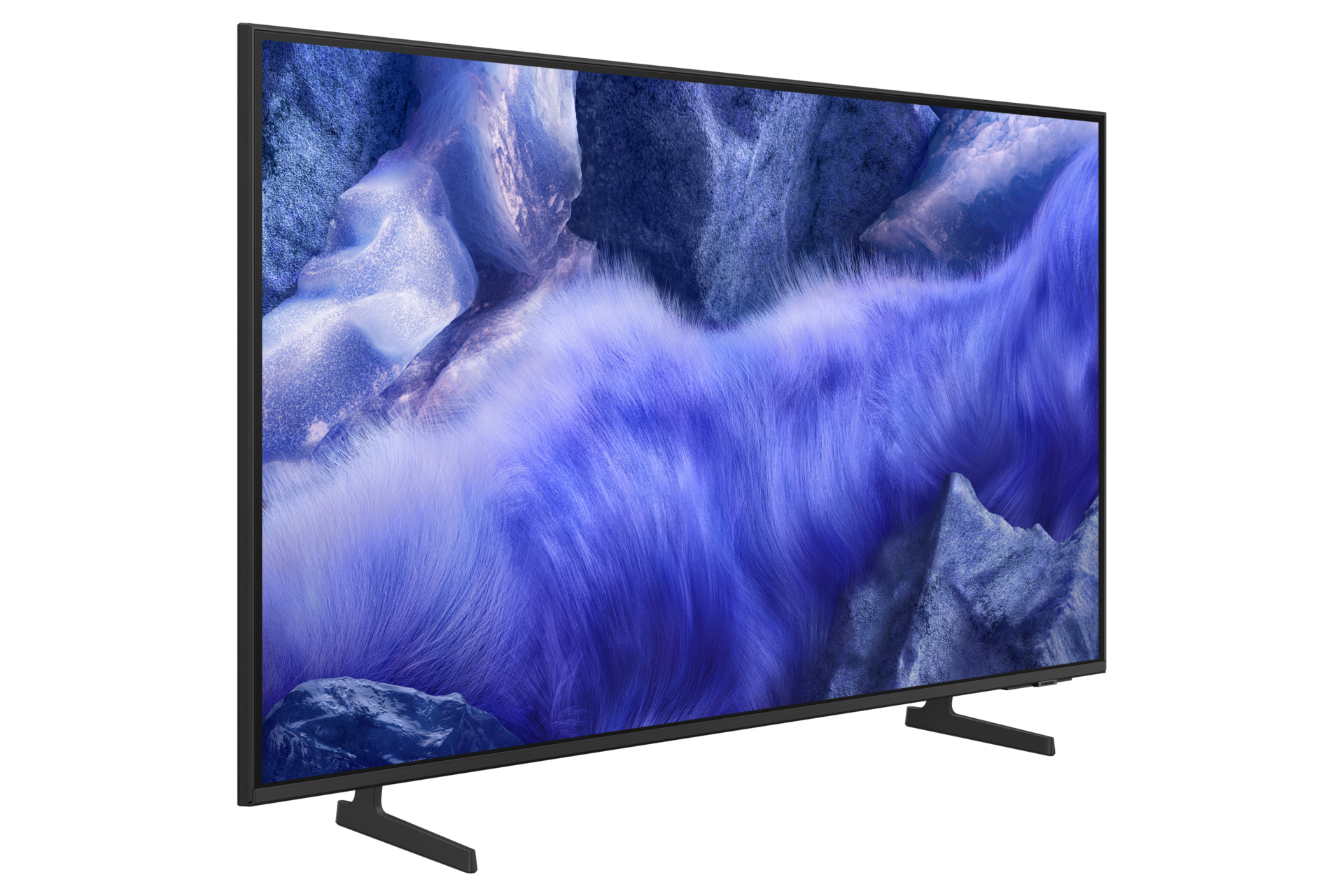 Ein großer, schwarz gerahmter Fernseher zeigt ein blau-weißes abstraktes Bild. Der Fernseher steht auf zwei schwarzen Beinen vor weißem Hintergrund.
