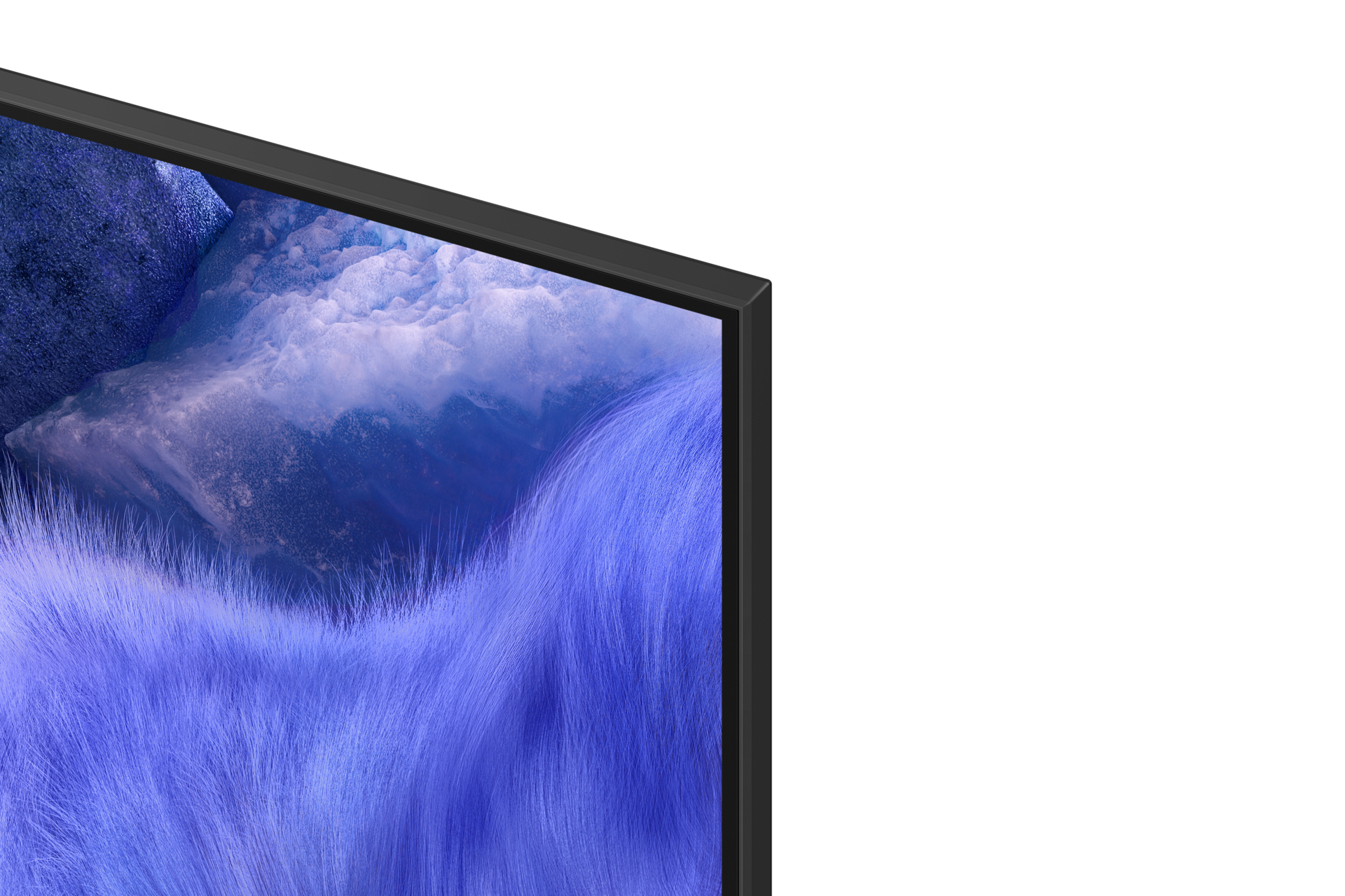 Die Ecke eines schwarzen Fernsehbildschirms mit blauem, verschwommenem Hintergrund, der einer Landschaft ähnelt. Weißer Raum dominiert rechts.