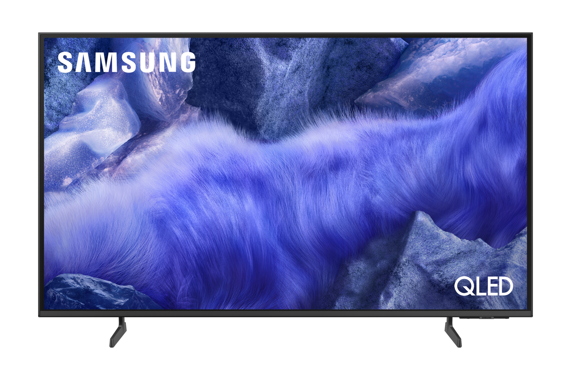 Ein Samsung QLED-Fernseher zeigt eine lebendige, blau-weiße, abstrakte Landschaft. Der Fernseher hat einen schwarzen Rahmen und schwarze Beine.