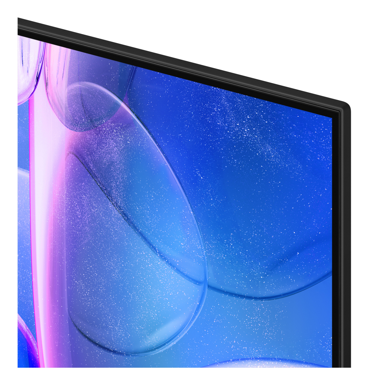 Zbliżenie ekranu. Niebieskie i fioletowe abstrakcyjne tło z białymi plamkami. Czarna ramka otacza ekran.