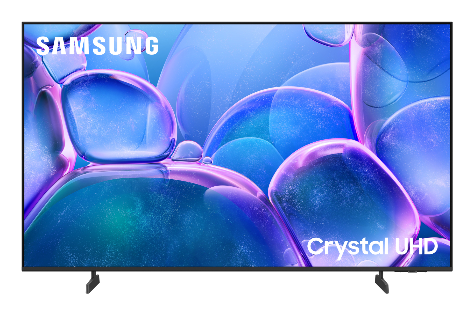 Telewizor Samsung Crystal UHD. Wyświetla abstrakcyjne niebieskie i fioletowe kształty. SAMSUNG u góry, Crystal UHD na dole.