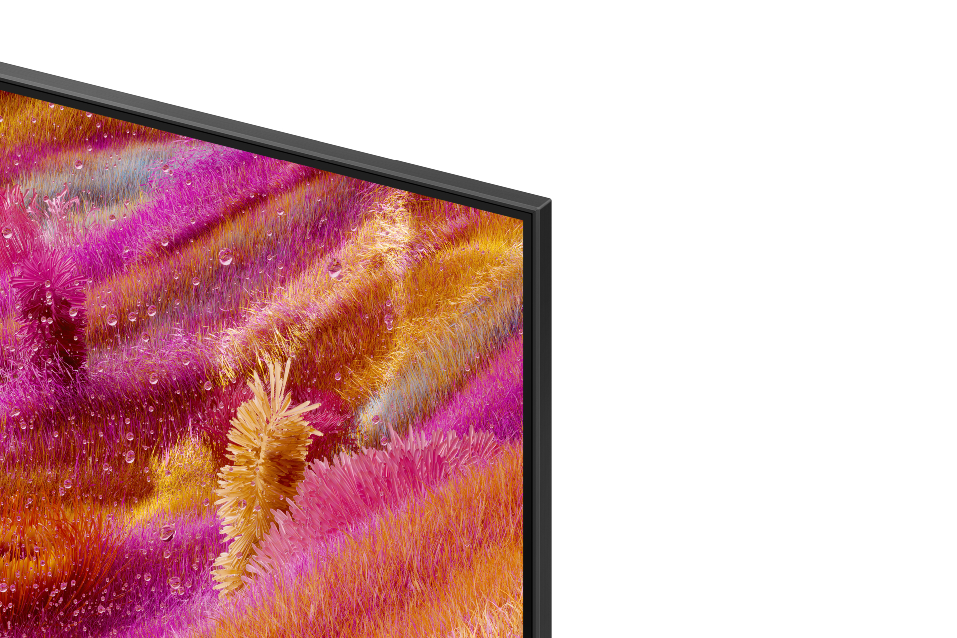 Zbliżenie ekranu telewizora z kolorowym, teksturowanym wzorem abstrakcyjnym z kroplami wody. Czarna ramka po lewej.