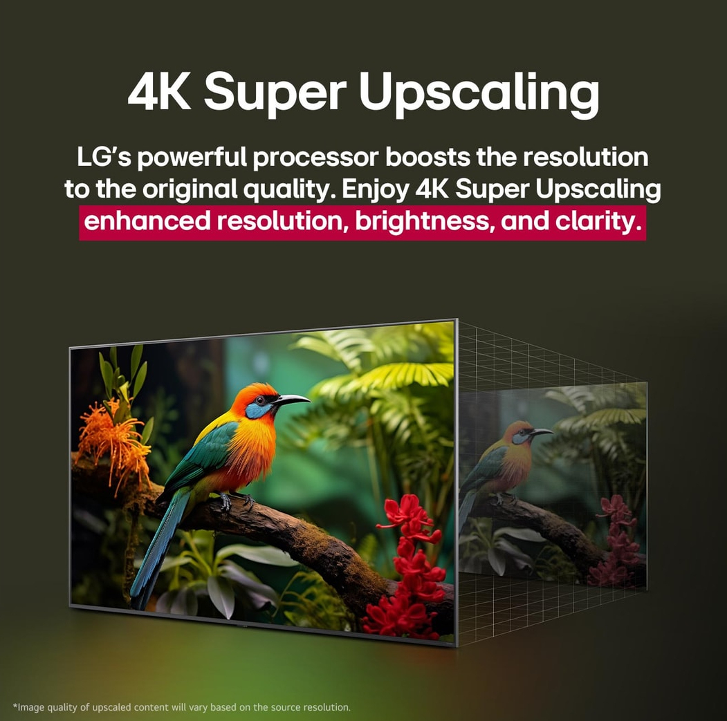 Bir TV ekranı, bir dalda renkli bir kuş gösteriyor. Üstteki metin '4K Super Upscaling' diyor, çözünürlüğü ve parlaklığı vurguluyor.
