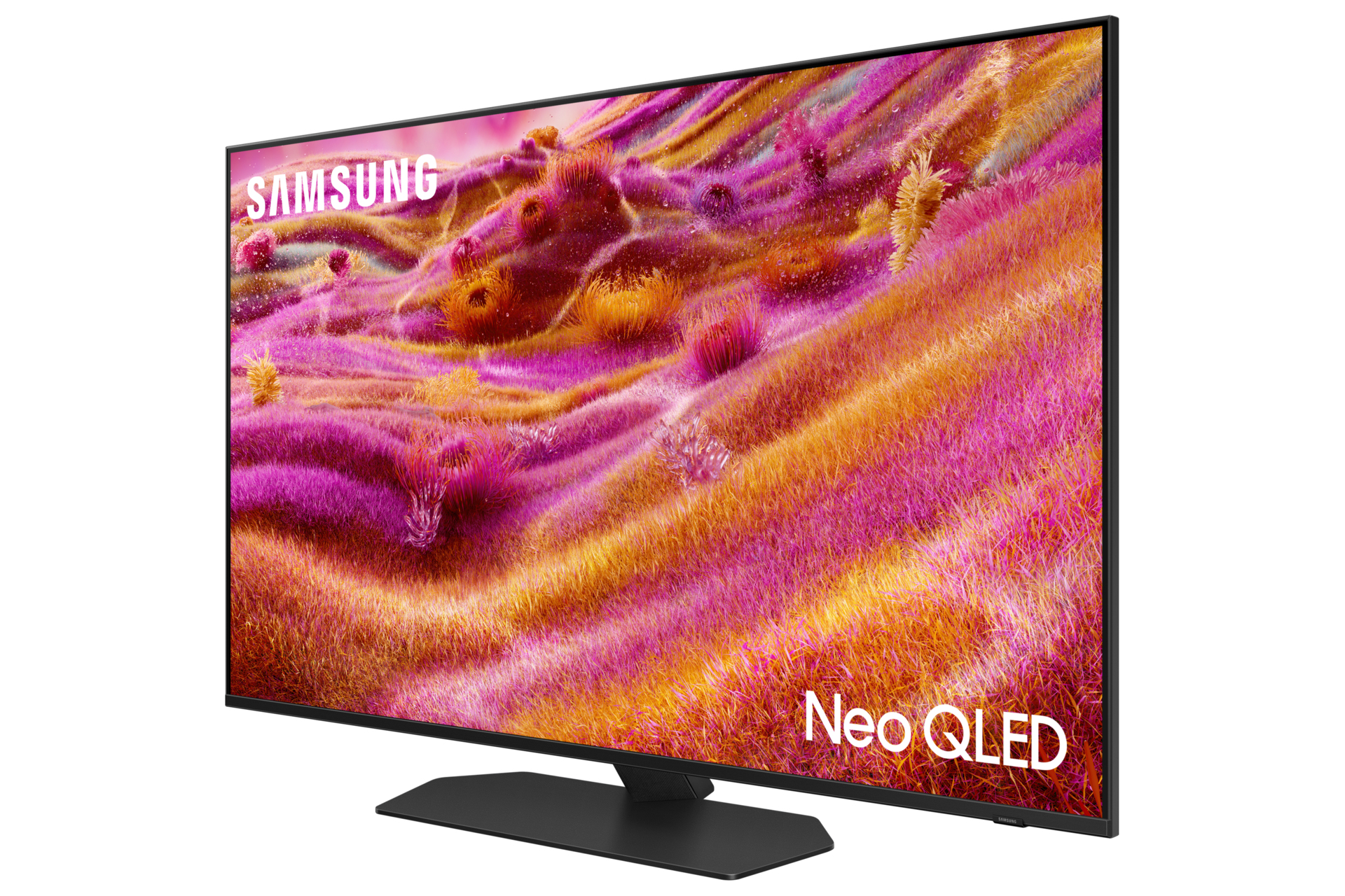 La TV Samsung Neo QLED mostra un'immagine astratta colorata. La TV è su un supporto nero.