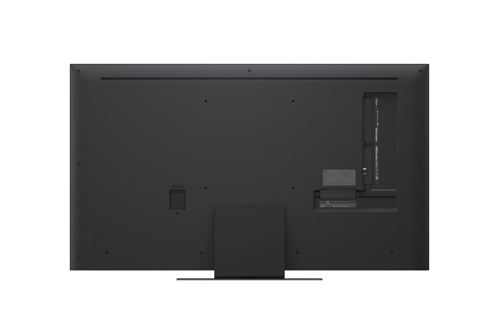 Büyük, koyu gri bir LG TV'nin arkası. Çeşitli bağlantı noktaları ve bağlantılar görünür. Bir stand takılıdır.