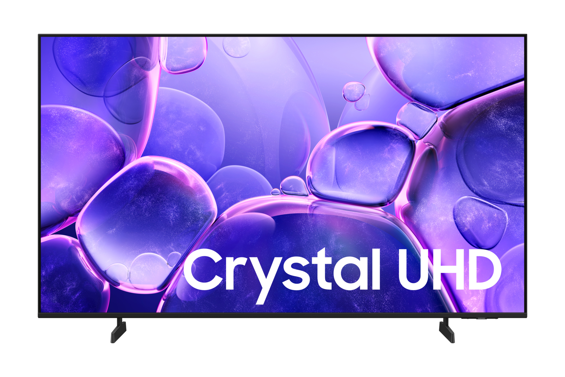 Un televisor Crystal UHD con un fondo abstracto púrpura. La pantalla muestra formas grandes, como burbujas. El texto 'Crystal UHD' es visible.