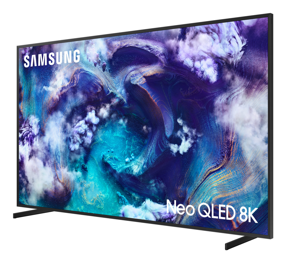 Un televisor Samsung Neo QLED 8K muestra una imagen abstracta colorida. El televisor es negro con la palabra SAMSUNG arriba y Neo QLED 8K abajo.