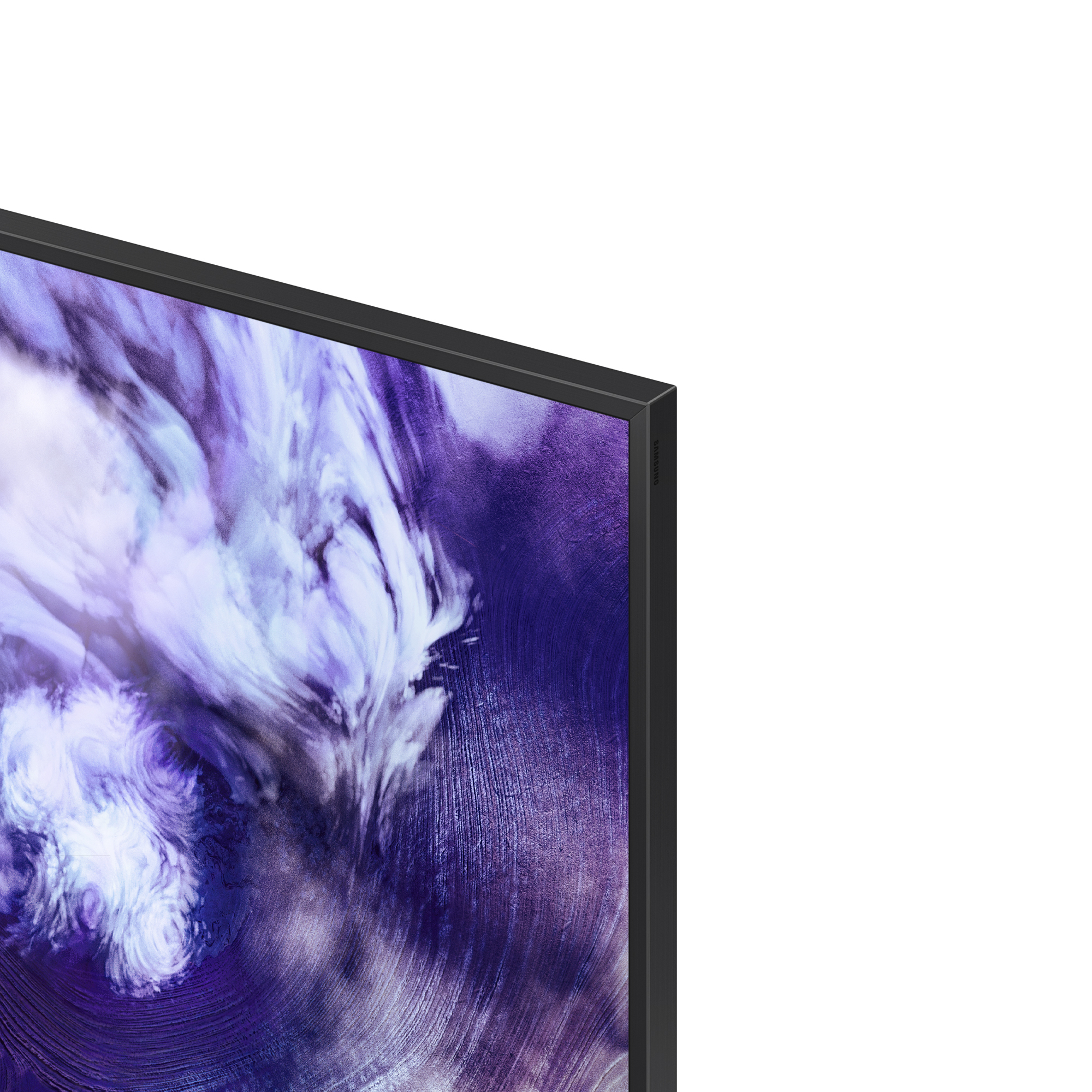 Primer plano de una pantalla de TV que muestra un patrón abstracto y arremolinado de morado y blanco contra un marco negro.
