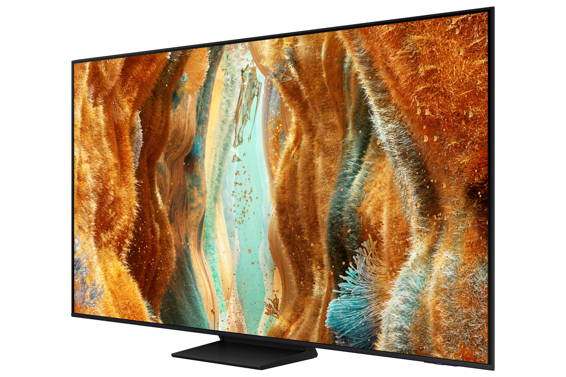 Een grote tv toont een abstracte afbeelding met oranje, bruine en blauwe tinten. De tv heeft een zwart frame en voet, tegen een witte achtergrond.