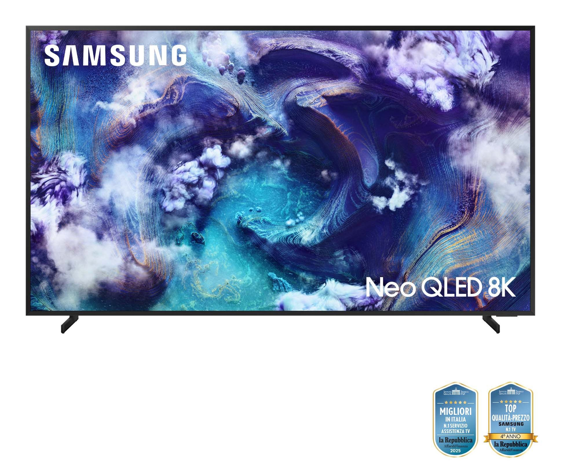 Televisor Samsung Neo QLED 8K. Pantalla con diseño abstracto azul, morado y blanco. Logotipo Samsung blanco arriba. Premios abajo.