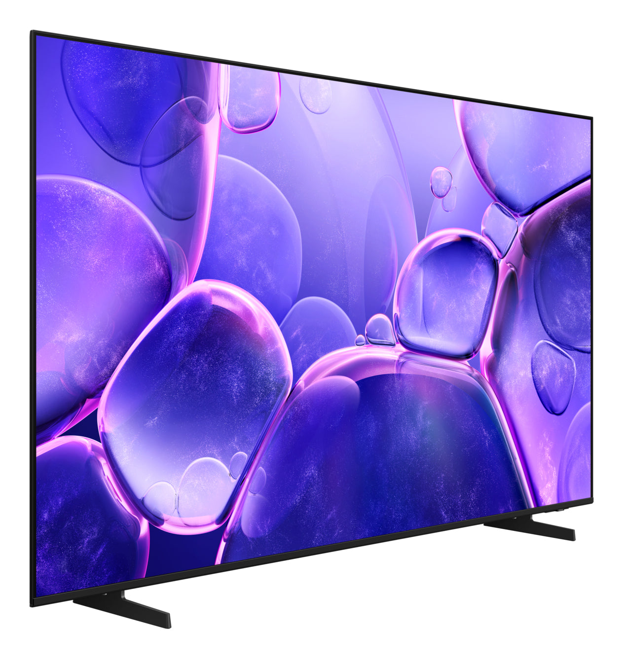 Un televisor de pantalla plana muestra una imagen abstracta púrpura y azul de burbujas. El televisor está sobre un soporte negro.